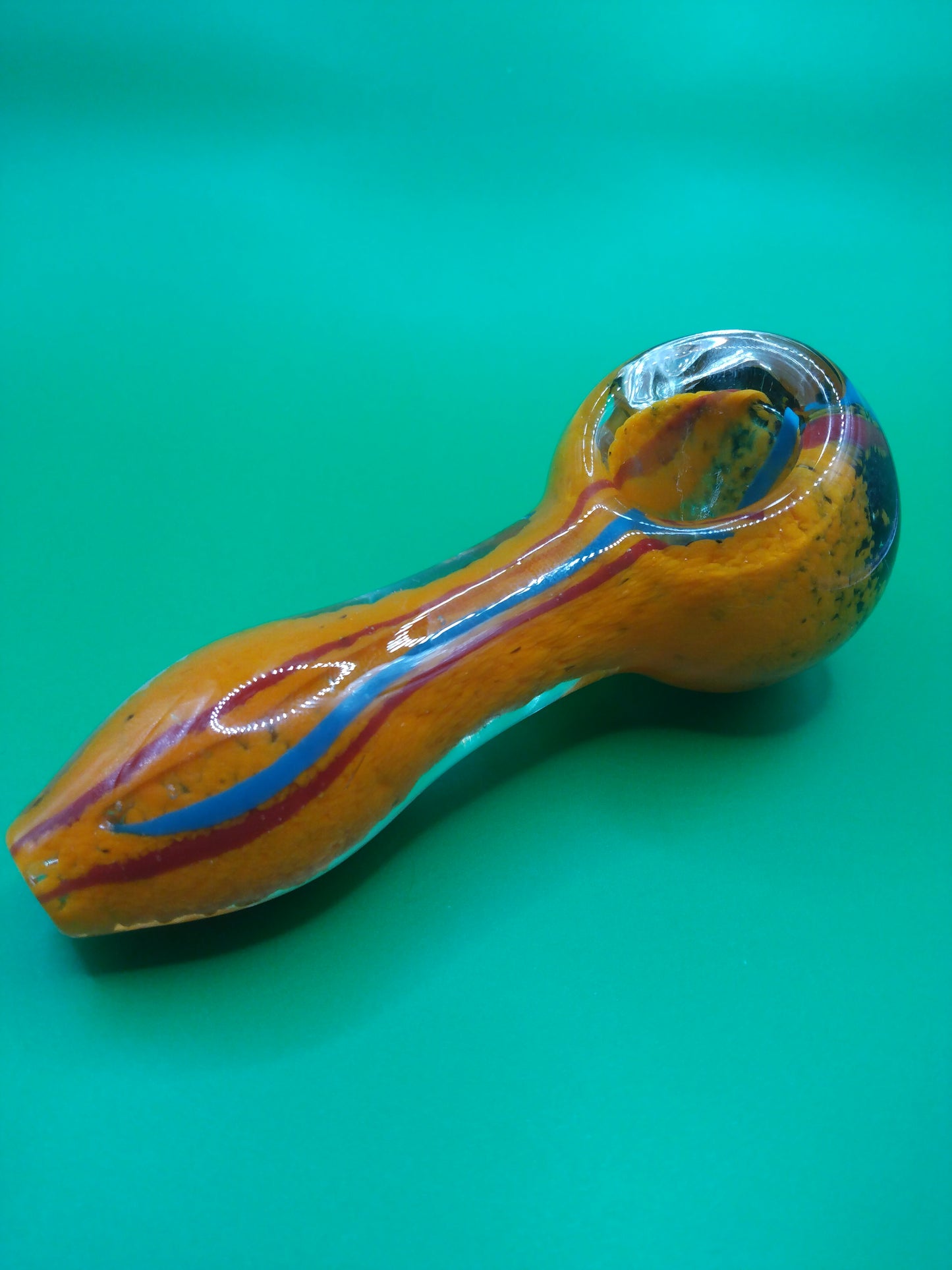 4" Orange, Blue, & Maroon, Striped, Glass Hand Pipe (Spoon)