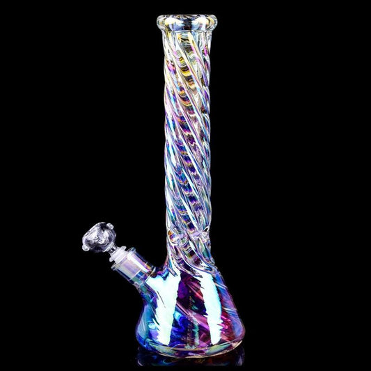 Twisted Iridescent Bong - Beaker Bong - 12.2in Tall | 14mm Bowl